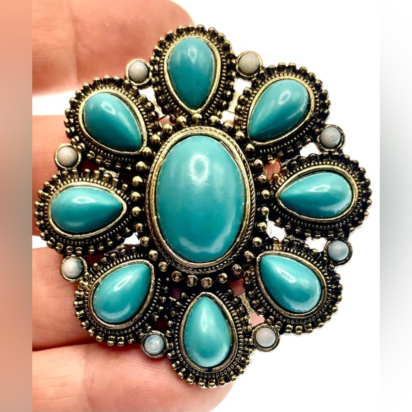 Vintage Bronze Tone Oval Pendant Turquoise Colored Gems Southwestern Style - Picture 5 of 6